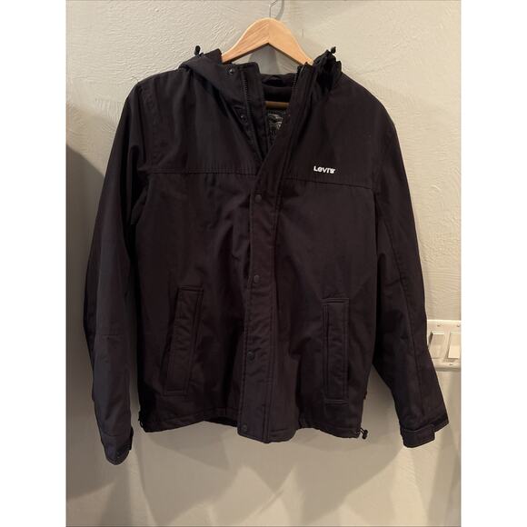Levi Strauss Canvas Jacket Adult Medium Black Sherpa Lined Trucker Hooded - Picture 1 of 11